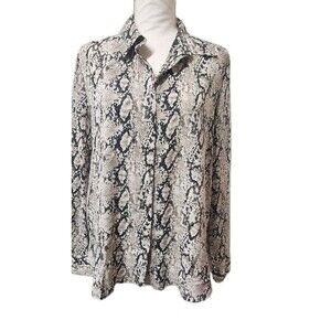 Mango MNG Black & White Brown Snake Print Long Sleeve Blouse Womens 6 Career